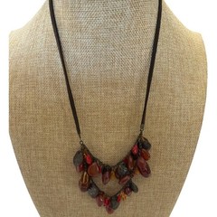 Earthy Amber Color Burgundy Beaded Bib Statement Necklace Brown Suede Cord Boho