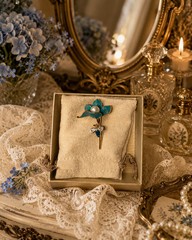 Vintage Blue Enamel Floral Pin with Faux Pearl & Rhinestones