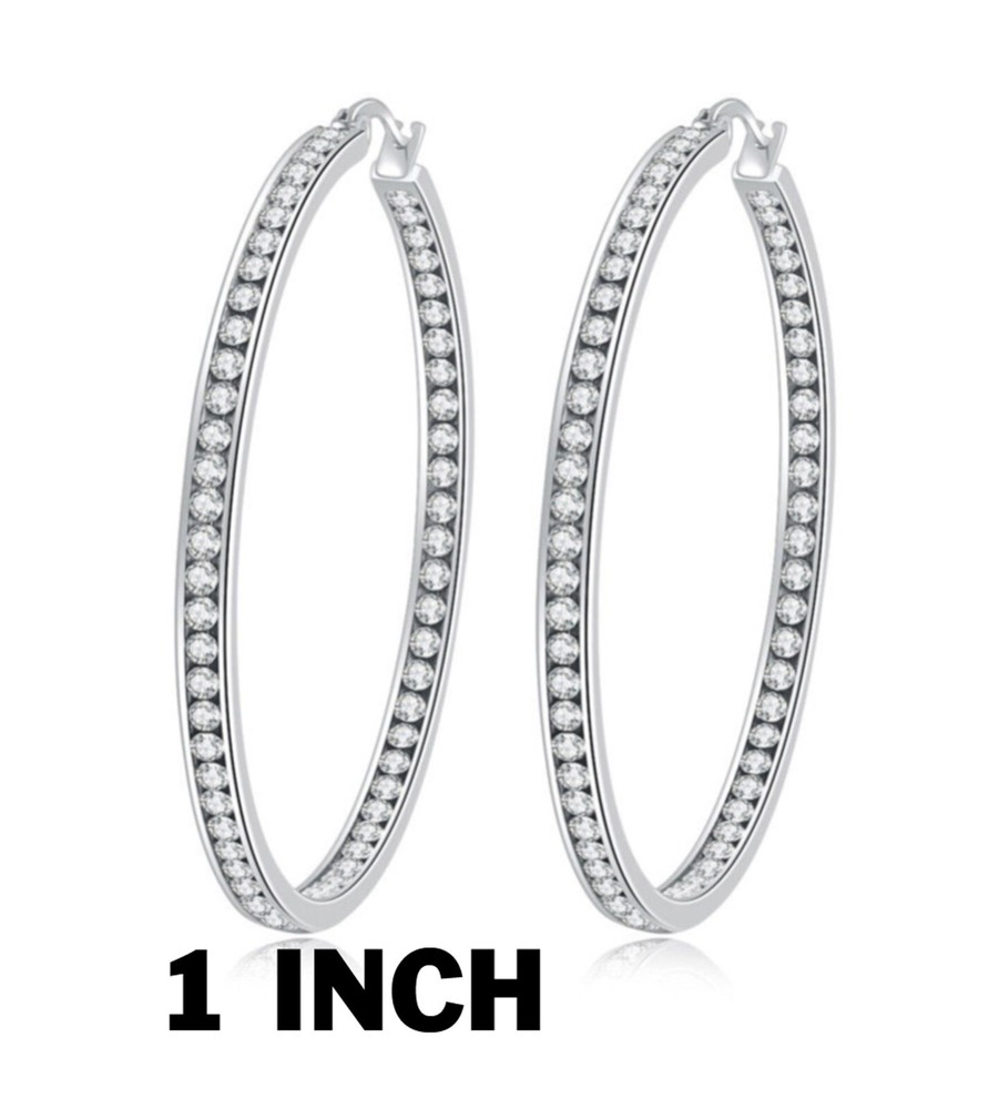 Stainless Steel Silver-Tone White Crystals Classic Hoop Earrings 1.00in Diameter