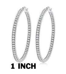 Stainless Steel Silver-Tone White Crystals Classic Hoop Earrings 1.00in Diameter