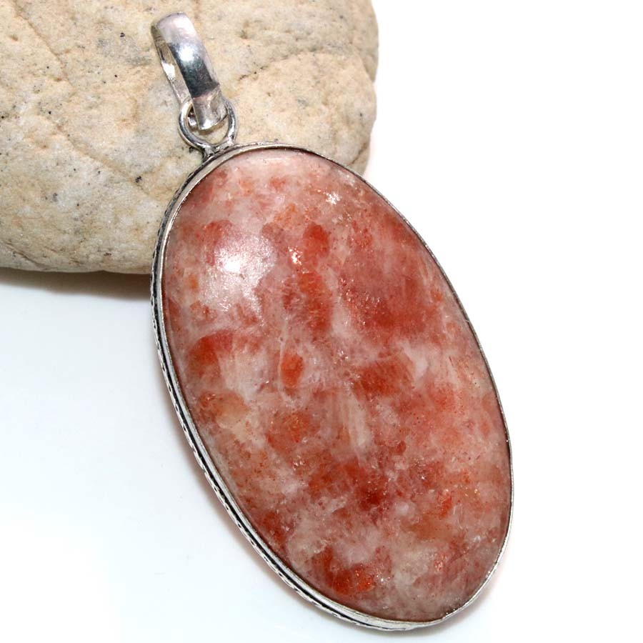 925 Silver Plated Sunstone Pendant 2.4″ Festive Look Jewelry Most Beautiful MJ