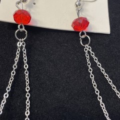 Ruby Red Disco Ball Shamballa Dangle Earrings Silver Tone 3.5 in Chain Drop