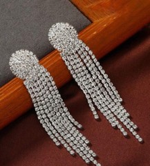 Clip On Clear Rhinestone Earrings Silver Bridal Wedding Long Dangle Pageant