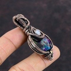 Multi Fire Labradorite Gemstone Rainbow Moonstone Wire Wrapped Pendant Copper
