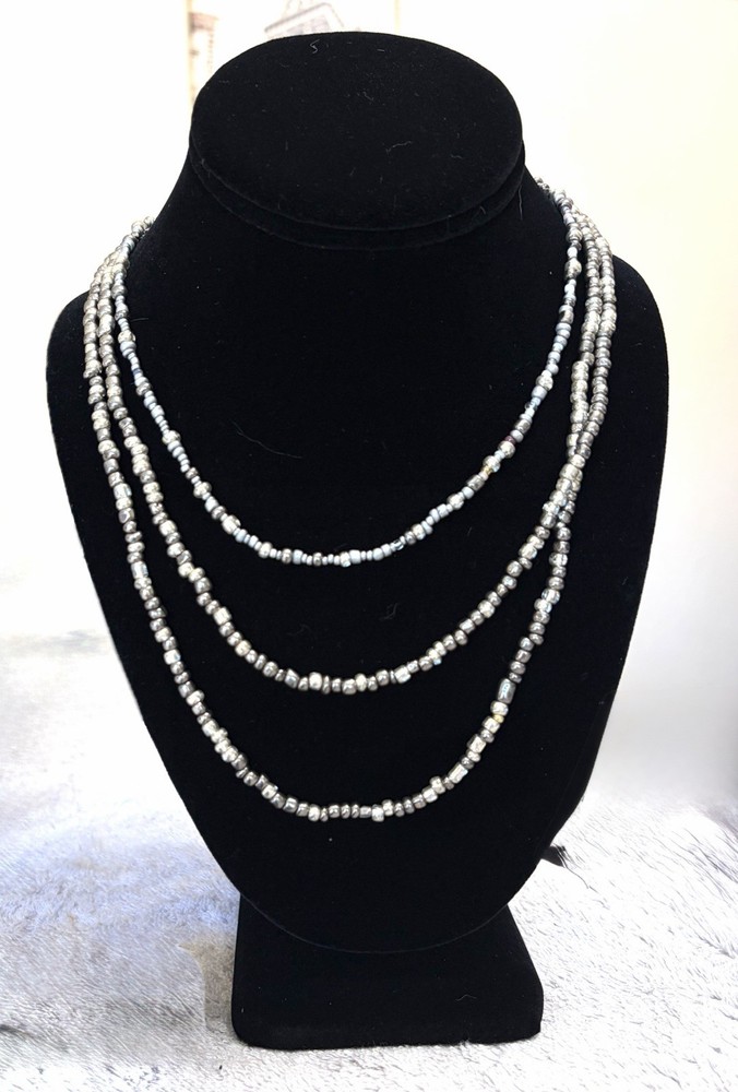 Hand Made Beaded Necklace Triple Layer Colors Silver Black Gray
