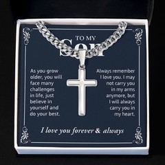 To My Son Cross Necklace Cuban Link Chain, Faith Jewelry Bday Baptism Religious