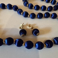 Blue Silk Thread Bead Ball Necklace 26” Matching Earrings Set – Gold Tone Spacer