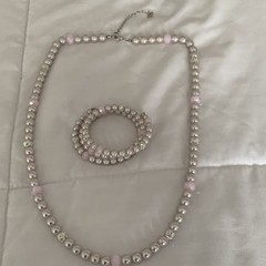 Pink Faux Pearl Jewelry Set Necklace & Bracelet w/ Crystal Rhinestone Spacers