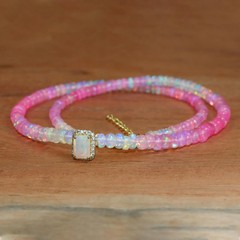 Pink Opal Shaded Smooth Beads Charm Necklace, Ethiopian Octagon Opal Necklace