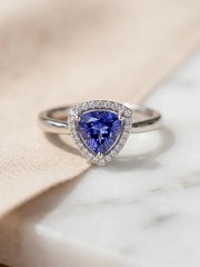 Tanzanite Trillion Cut Lab-Grown Ring 925 Sterling Silver Halo Statement Jewelry