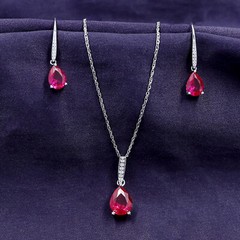 Pear Cut Simulated Ruby Pendant & Earrings Set 14k White Gold Plated 925 Silver
