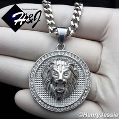 20″MEN Stainless Steel 5mm Silver Cuban Curb Chain CZ LION Round Pendant*P109