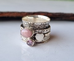 Pink Opal & Rose Quartz Ring 925 Sterling Silver Handmade Gifting Jewelry PG1363