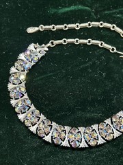 LISNER Aurora Borealis AB Rhinestone Choker Necklace Silver Tone Ribbed Fan Link