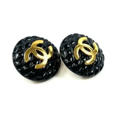 CHANEL 23 CC COCO Earrings Matelasse quilting Gold black Vintage Authentic JAPAN