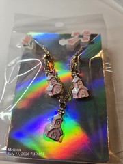 Handmade Gold Tone Enamel Pink White House Dangle Drop Earrings Butterfly Back