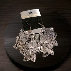 Silver Tone Metal Flower & Leaf Dangle/Drop Earrings for Lobe, Hook, #24