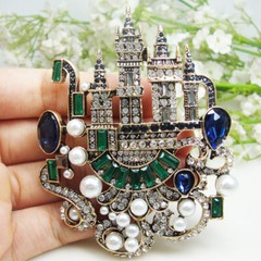 Woman’s Vintage Blue Castle Palace Pendant Brooch Pin Crystal Rhinestone Gifts