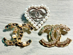Mixed Designer Gold and Silver Tone Brooch’s, Charm pendants, lot of 3 Chanel