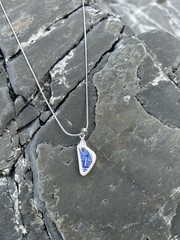 Genuine Pottery Sea Glass Necklace Stainless Steel Snake Chain 18 Inch