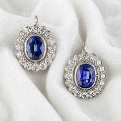 Blue Cushion Simulated Diamond 14K Gold Art Seco Bezel Set Floral Stud Earrings