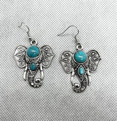 Tribal Boho Silver Dangle Elephant Semi Precious Stone Earrings