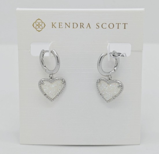 New Kendra Scott Ari Heart Silver Huggie Earrings in White Drusy