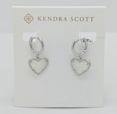 New Kendra Scott Ari Heart Silver Huggie Earrings in White Drusy