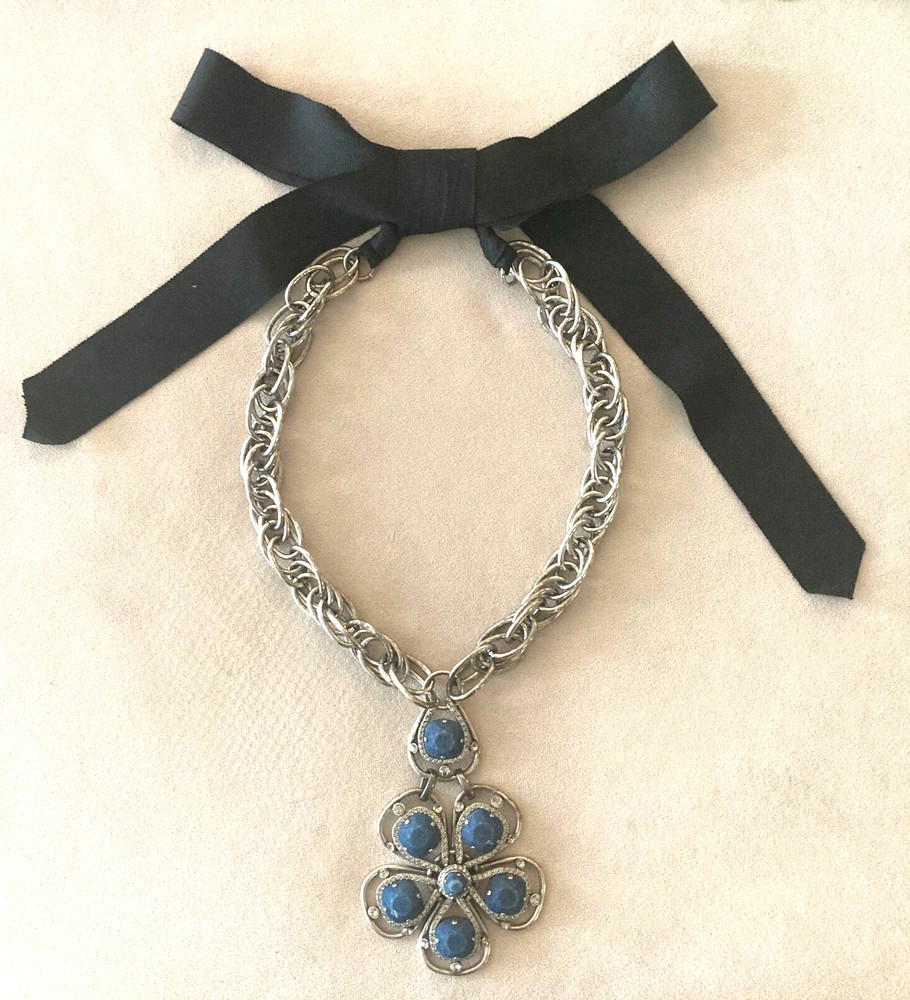 Boxed Lanvin Paris Black Ribbon Navy Blue Flower Necklace