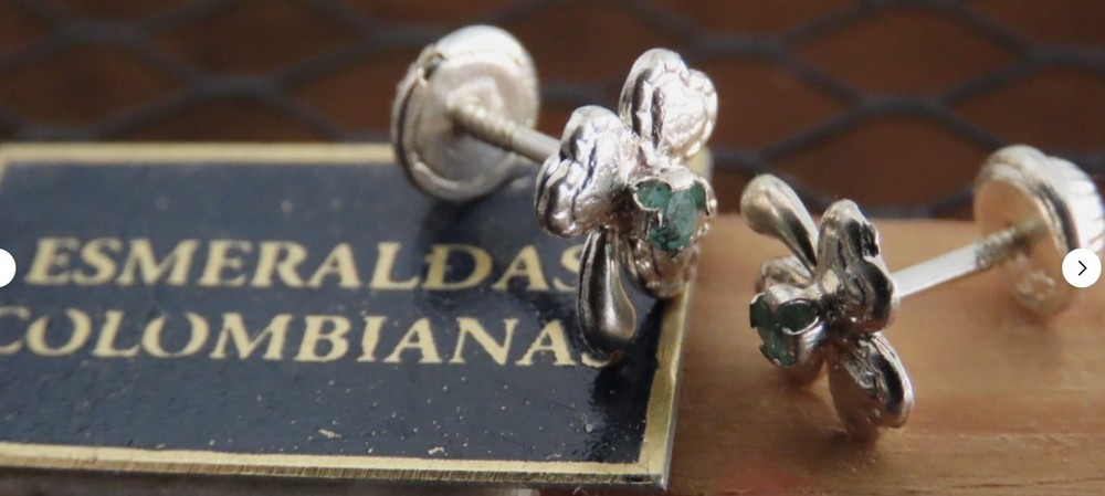 Earrings, 925 Silver Clover with Natural Emerald
