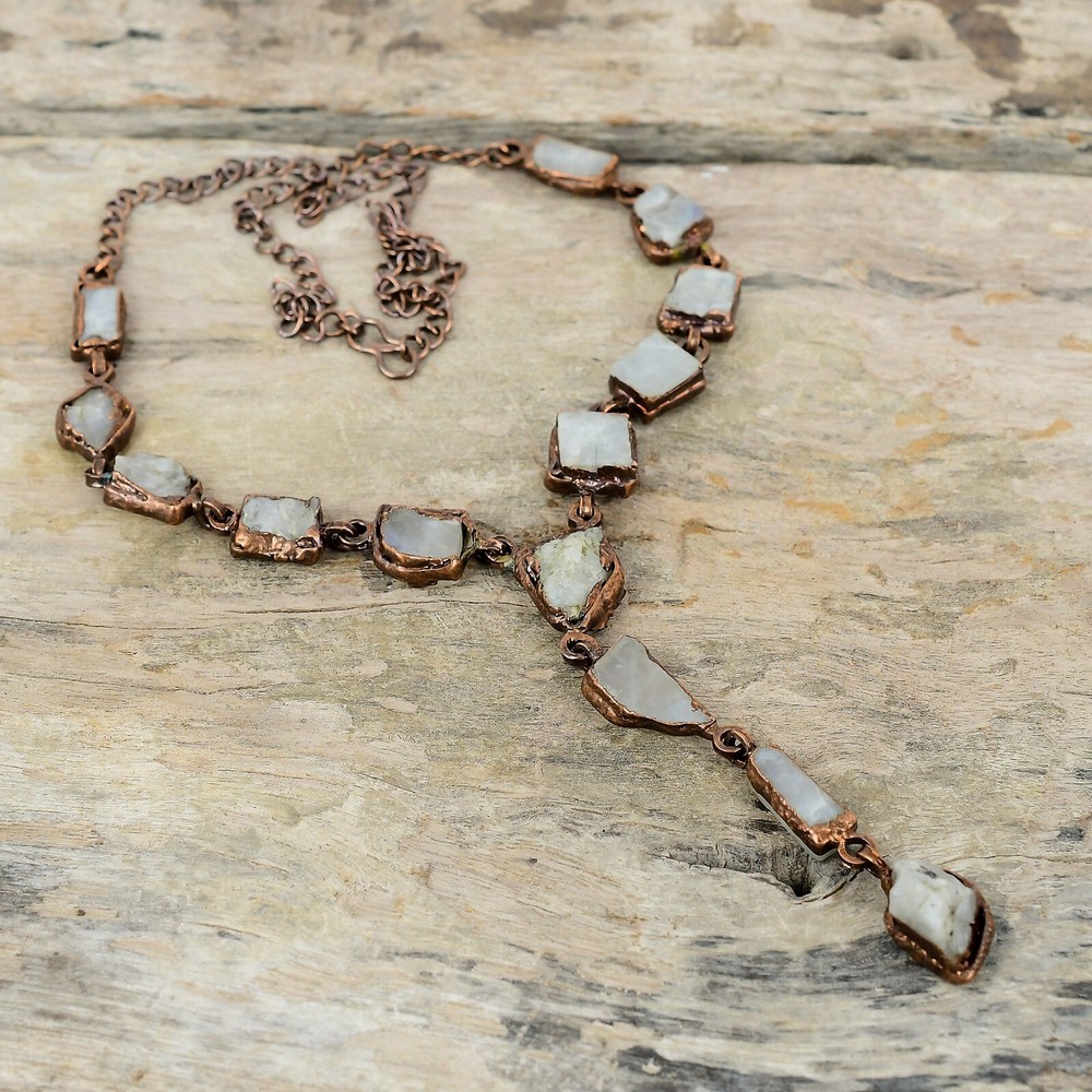 Rainbow Moonstone Rough Copper Electroformed Chain Adjustable Necklace 18.0″
