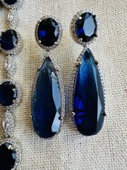 CZ Navy Blue Sapphire Teardrop Gem Bridal Indian Necklace Earring Jewelry Set