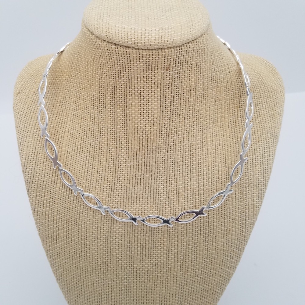 Best Silver Tone Open Cut Icthuse Christian Fish Flat Neck Cuff Choker Necklace
