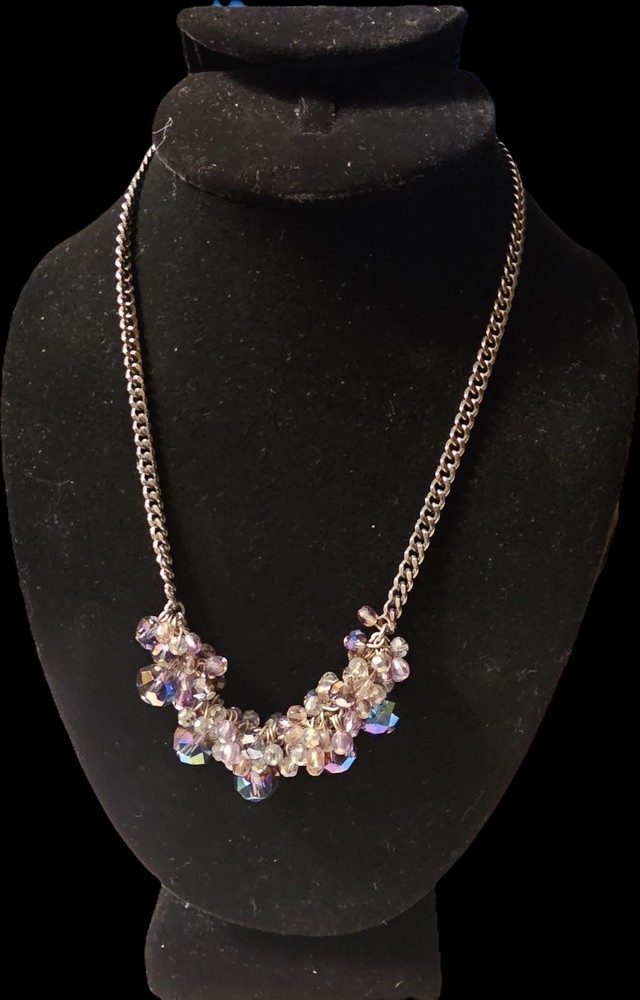 Silver Tone Curb Link Chain Necklace Purple & Clear Crystal Glass Cluster