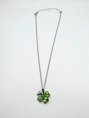 Silver Tone Shamrock Clover Pendant Necklace with Green Crystals St Patrick’s