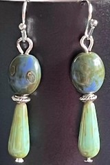 Silver, Green and Blue Silk Picasso Bead Dangle Earrings. Boho Chic.