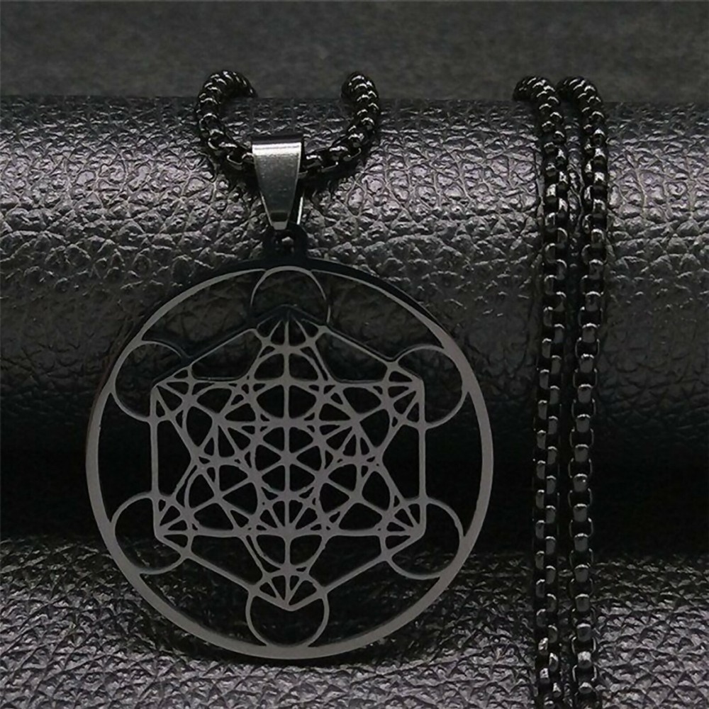 Metatrons Cube Necklace Black Stainless Steel Sacred Geometry Amulet Pendant