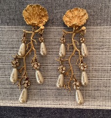 Philippe Ferrandis French? Gold Plated Seashell Faux Pearl Chandelier Earrings
