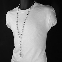 Hip Hop 8mm SILVER plated Beads D-Shape Cubic-Zirconia Rosary & Jesus Cross