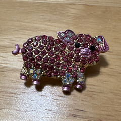 Pink Pig Brooch Pin Rhinestone & Enamel Pavé Round Stone Pinback