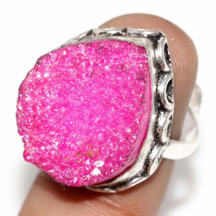 925 Silver Plated Pink Titanium Druzy Ring US FreeSize Craft Jewelry Trendy GW