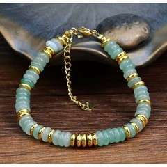 Green Jadeite Rondelle Bead Bracelet Gold Tone Stainless Steel Adjustable Women
