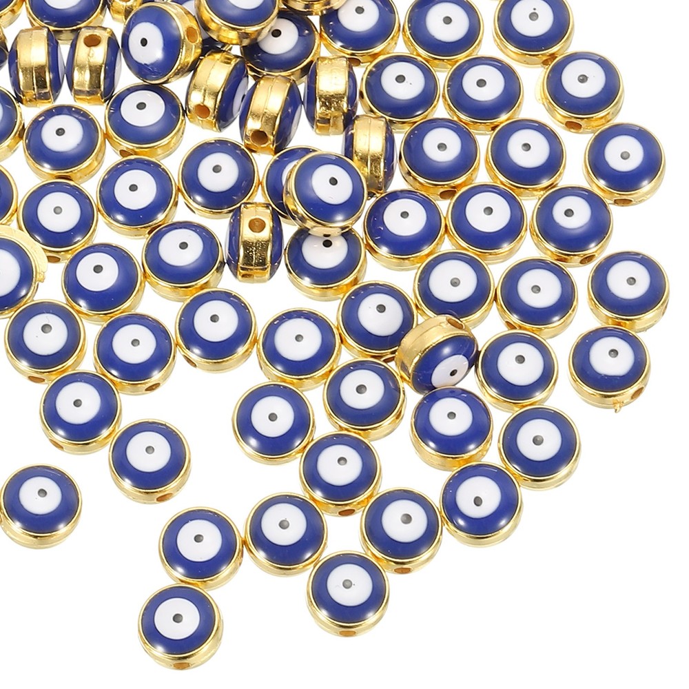 60 Pcs 8mm Flat Round Evil Eye Beads with Golden Edge, Blue