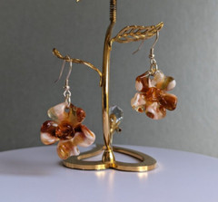 Dangle Drops Earrings Flowers Tea Brown Colors Murano Glass 925 Silver Hooks
