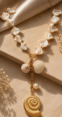 Gold Plated Pearl Bead Necklace Shell Charm Dangles Spiral Pendant Beach