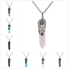 Antique Silver Flower Wrapped Natural Quartz Gemstone Healing Crystal Necklace