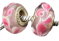 2 Pandora 925 Silver Pink Floral Petals Murano Glass Bead Charms Clear, White