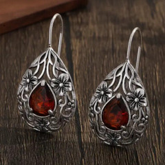 Beautiful Filigree Teardrop Garnet Silver Hook Earrings Great for Everyday Wear