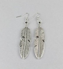 Silver feather earrings dangle metal feather textured 3.25″ long