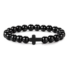 1pc Natural Stone & Wood Bead Prayer Bracelet with Cross – NEW